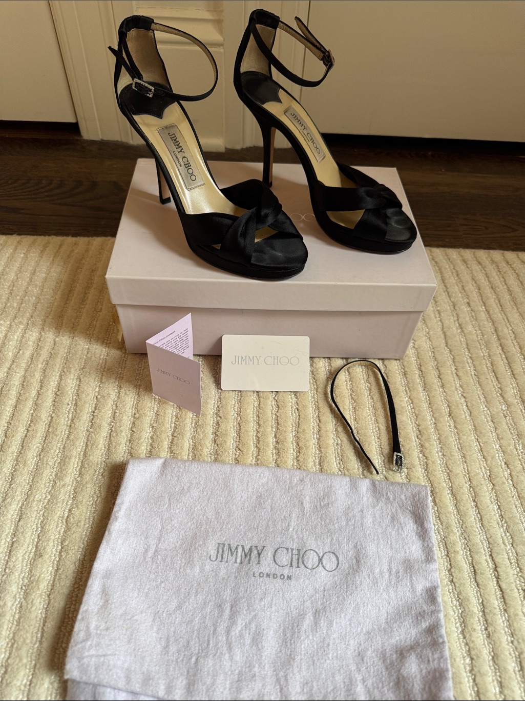 Jimmy Choo Macy Black Satin Open Toe Ankle Strap Heels